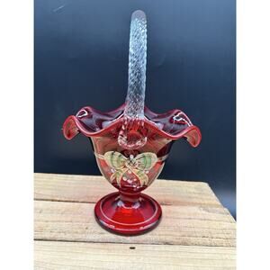 Fenton Ruby Red Christmas Bow Ruffled Basket Vase - SIGNED Glows Green & Orange